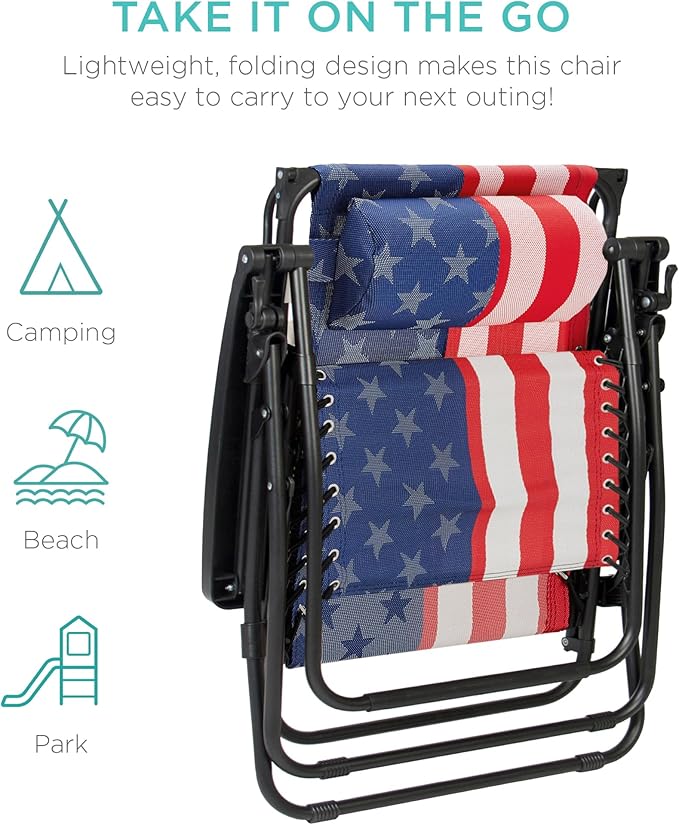 Best Choice Products 30” Wide Folding Zero Gravity Outdoor Recliner Patio Lounge Chair w/Adjustable Canopy Shade, Headrest, Side Accessory Tray - American Flag - Image 9