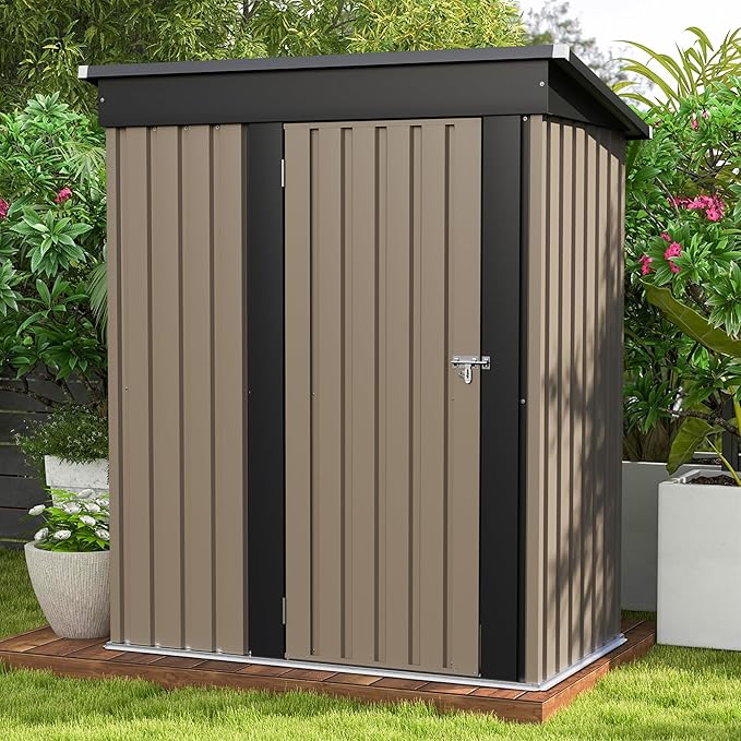 Patiowell 5x3 FT Outdoor Storage Shed, Tool Shed with Sloping Roof and Lockable Door, Metal Shed for Backyard Garden Patio Lawn, Brown by Patiowell