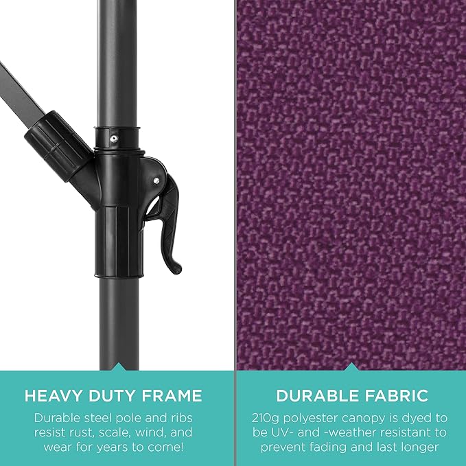 Best Choice Products 10ft Offset Cantilever Hanging Market Patio Umbrella, 8 Sturdy Ribs, Easy Adjustment - Amethyst Purple - Image 6
