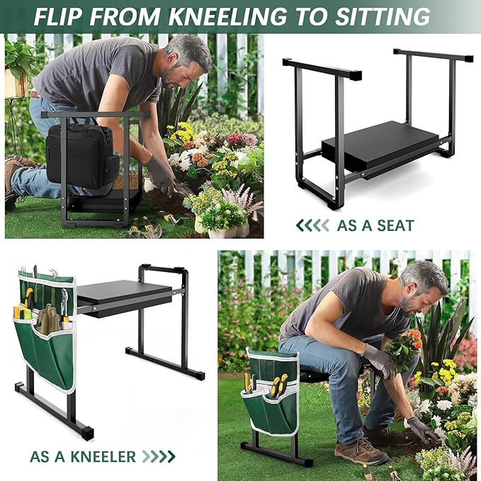 FLINTER Garden Kneelers Seat, Stable and Save Tip-Resistant Design 10.2" Wider Garden Kneeler and Seat with Handle, Heavy Duty Gardening Stool for Seniors, Gardening Weeding Bench for Parents - Black - Image 3
