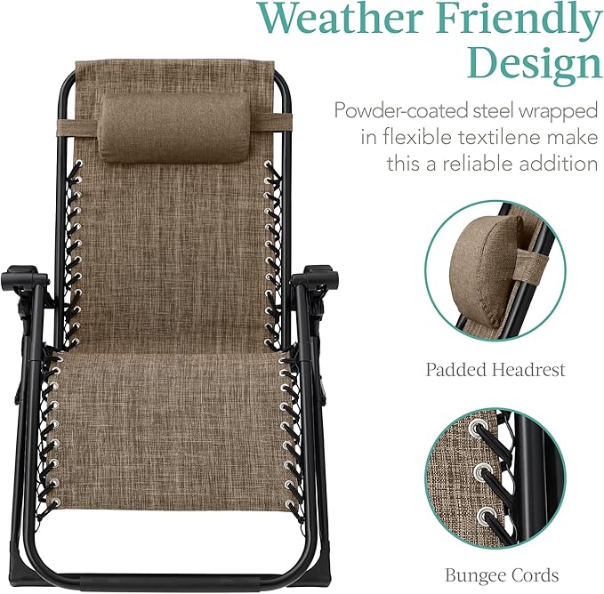 Best Choice Products Oversized Zero Gravity Chair, Folding Outdoor Patio Recliner, XL Anti Gravity Lounger w/Removable Cushion, Cup Holder, Side Tray, 350lb Capacity - Taupe - Image 4