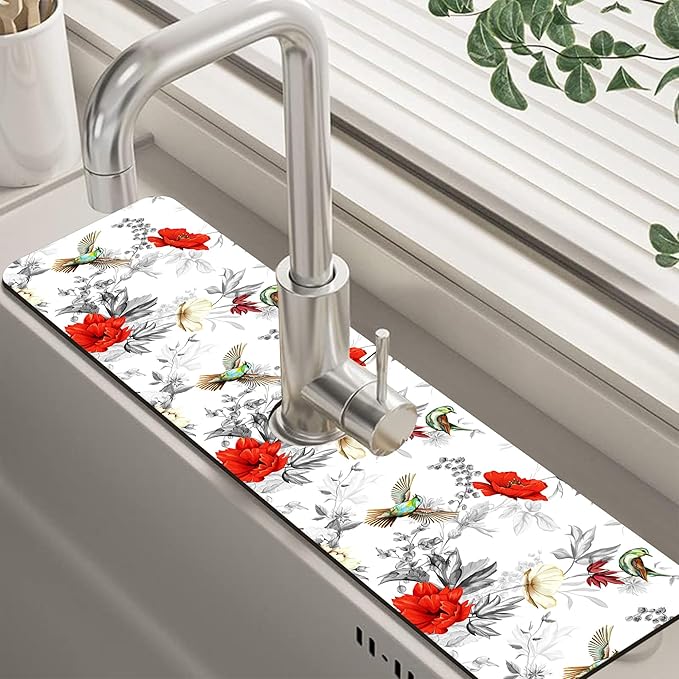 Poppy Wildflower Nightingale Sink Faucet Absorbing Mat Sink Splash Guard Faucet by Unknown