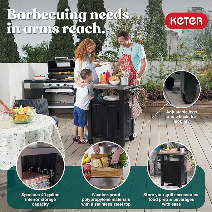 Keter Unity Small 40 Gallon Grill Prep Table and Storage Cart, Grey – BBQ Station with Wheels and Stainless Steel Top, Portable Serving Stand for Patio, Deck, and Backyard - Image 3