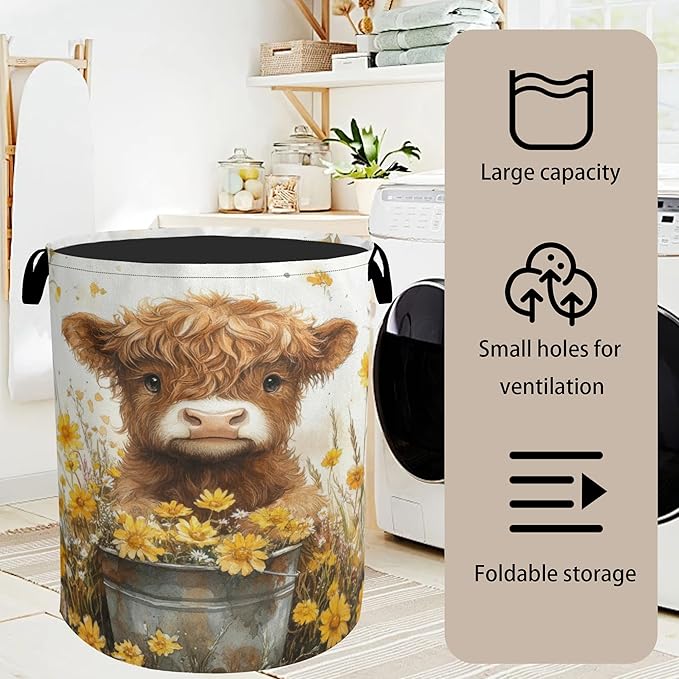 Cute Highland Cow Flower Foldable Canvas Laundry Basket - Image 7