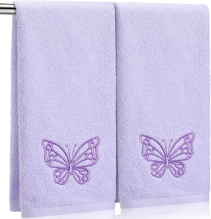 2 Pcs Butterfly Hand Towels Light Purple Bathroom Decor 14x29 Inch Embroidered by SmoothNovelty