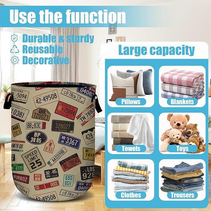 Colourful Car Number Plates Laundry Basket, Laundry Hamper Collapsible Oxford - Image 3