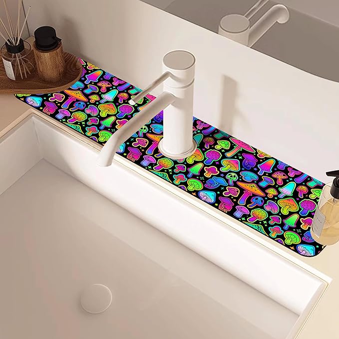 Bright Psychedelic Mushroom Kitchen Sink Splash Guard Mat Absorbent Fast Drying - Image 2