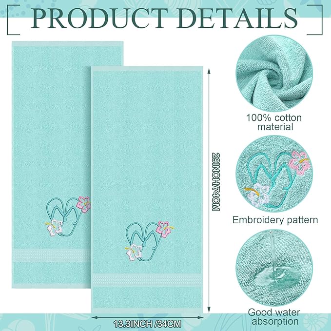 2 Pcs Flip Flops Hand Towels Mint Green Bathroom Decor 14x29 Inch Embroidered - Image 2