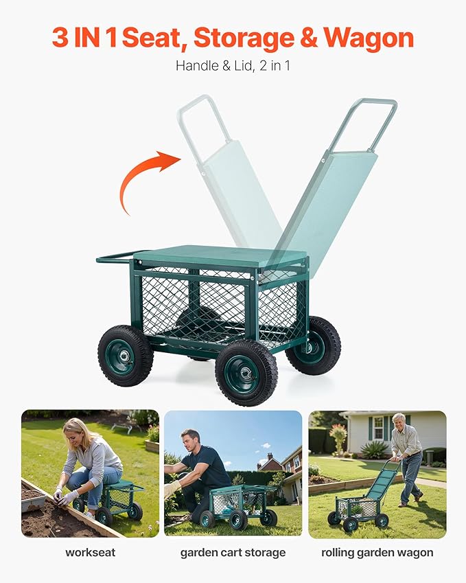 VEVOR Rolling Garden Cart with Seat, Metal Rolling Garden Work Seat with Wheels, Supports up to 400 LBS, Heavy Duty Gardening Cart Scooter, Outdoor Wagon & Stool on Wheels for Lawn, Patio, Backyard - Image 6