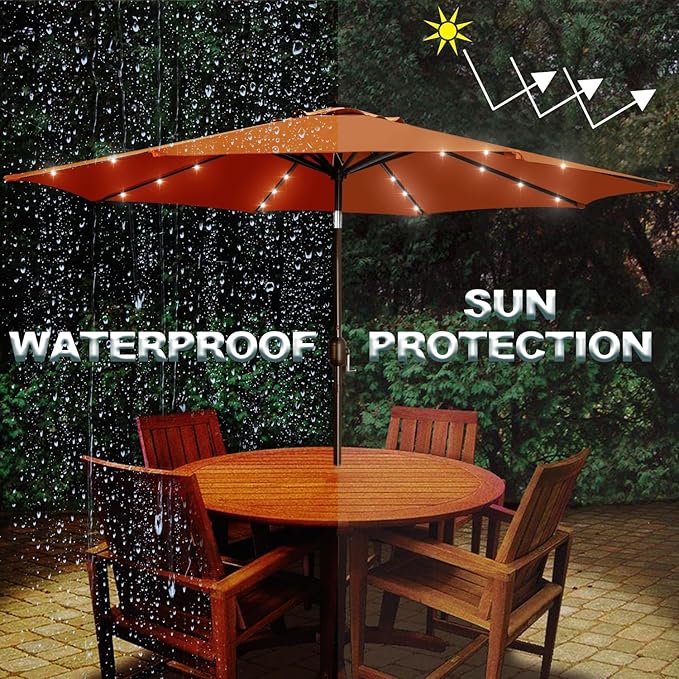 Blissun 9 ft Solar Umbrella with 32 LED Lights for Garden, Deck, Backyard (Rust) - Image 5