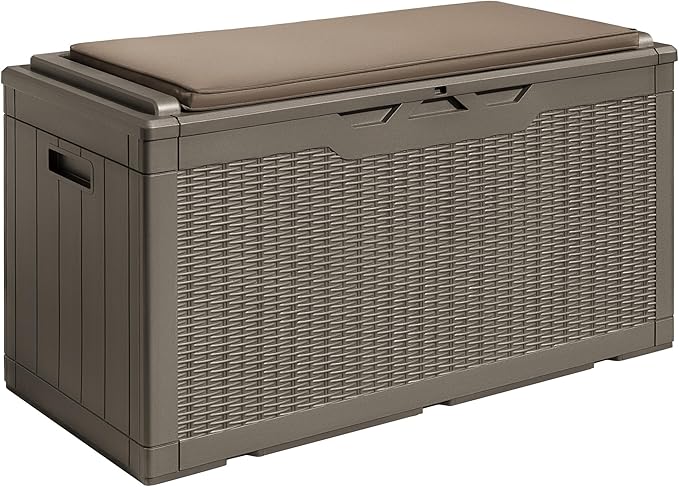Devoko 100 Gallon Waterproof Large Resin Deck Box Outdoor Storage Box Indoor Lockable Storage Container with Cushion for Patio Furniture Garden Pool Cushions (Light Brown) by DEVOKO