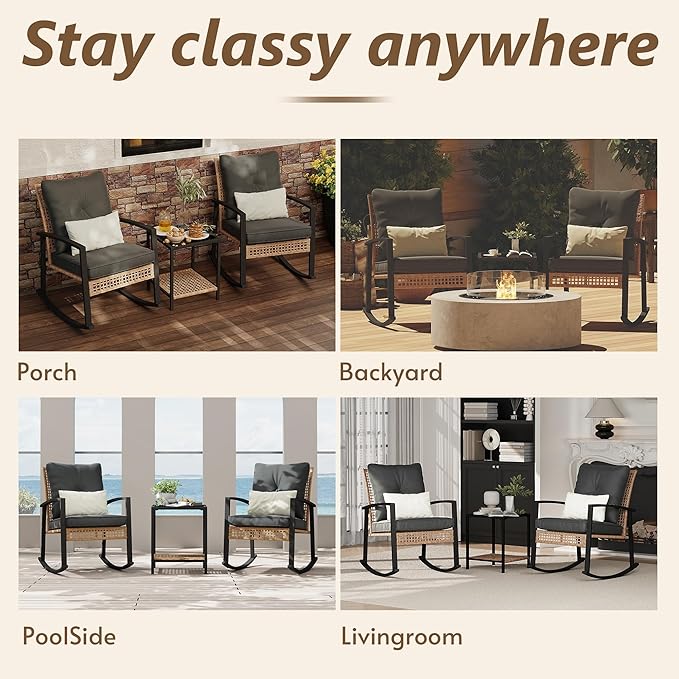 3 Piece Patio Rocking Chairs Set of 2, Outdoor Rocking Chair Bistro Set with Tempered Glass Coffee Table and Thick Lumbar Pillow Set, Front Porch Chairs for Garden, Backyard (Gray Cushion) - Image 7