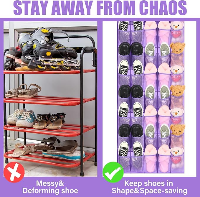 Windyun 40 Large over the Door Hanging Shoe Organizer Purple Mesh Pockets Shoe - Image 3