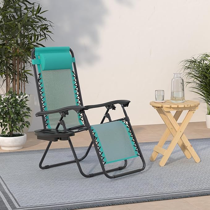 Best Choice Products Set of 2 Adjustable Steel Mesh Zero Gravity Lounge Chair Recliners w/Pillows and Cup Holder Trays - Mint - Image 2