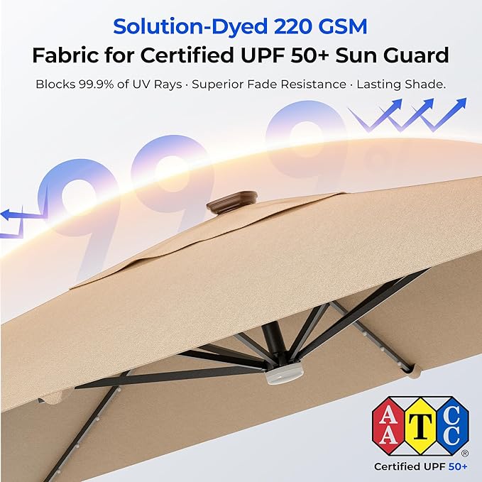 HOMSHADE 10 ft Square Cantilever Patio Umbrella with Base Included, Solar Lights Large Umbrella Outdoor Patio with 360°Rotation&Tilting, LED Lighted Offset Umbrellas w/Stand for Pool Deck - Image 4