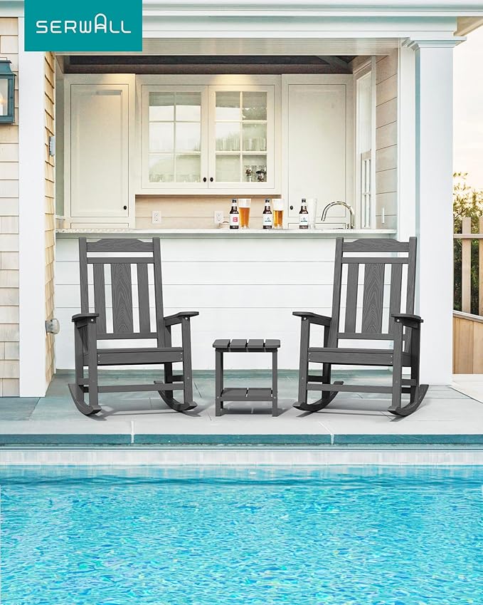 SERWALL Oversized Rocking Chair Outdoor, HDPE Outdoor Rocking Chair, Grey - Image 2