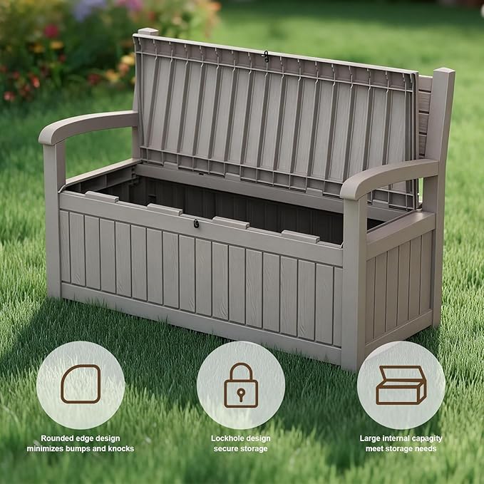EasyUp 80 Gallon Wood Grain Style Outdoor Storage Bench, Waterproof and Lockable Deck Box Outdoor Storage Furniture for Patio,Garden,and Porch – Perfect for Storing Garden Tools and Cushions(Gray) - Image 5