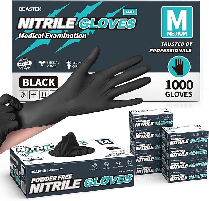 Beastek Black Disposable Nitrile Exam Gloves 100 Pcs 4Mil Chemical Resistant by Beastek