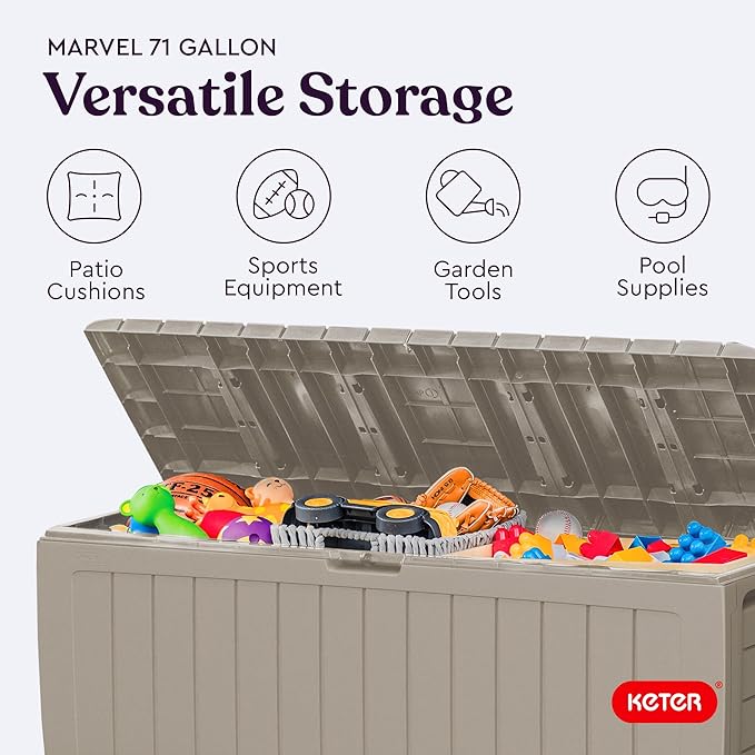Keter Marvel Plus 71 Gallon Resin Outdoor Storage Box for Patio, Balcony & Garden – Weather‑Resistant Deck Box for Cushions, Pillows, Pool Floats & Tools, Beige - Image 5