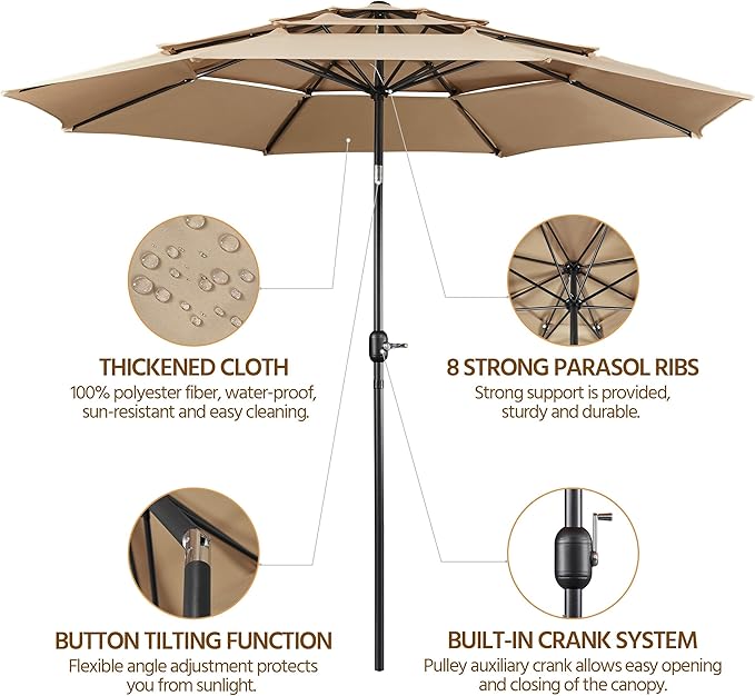 Yaheetech 3-Tier Patio Umbrella 10ft Vented Outdoor Canopy Sun Shade Large Market Table Umbrella Double-layer Cloth & Push-button Tilting for Yard/Garden/Park Tan - Image 4