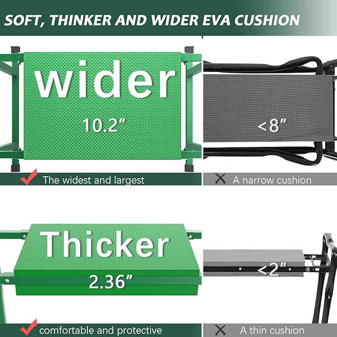 FLINTER Garden Kneelers Seat, Stable and Save Tip-Resistant Design 10.2" Wider Garden Kneeler and Seat with Handle, Heavy Duty Gardening Stool for Seniors, Gardening Weeding Bench for Parents - Green - Image 4