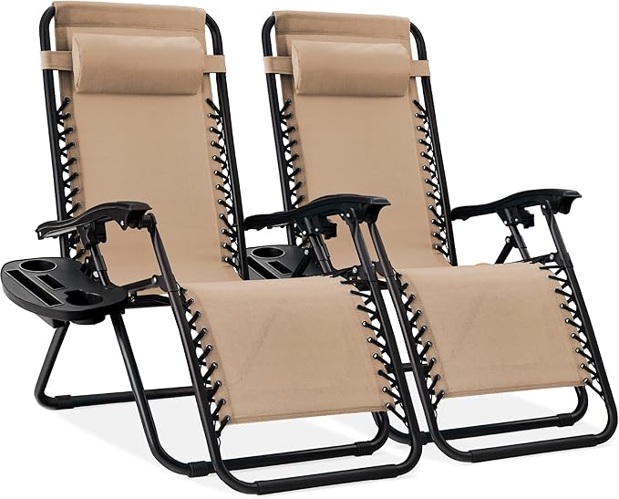 Best Choice Products Set of 2 Adjustable Steel Mesh Zero Gravity Lounge Chair Recliners w/Pillows and Cup Holder Trays - Sand by BestChoiceProducts