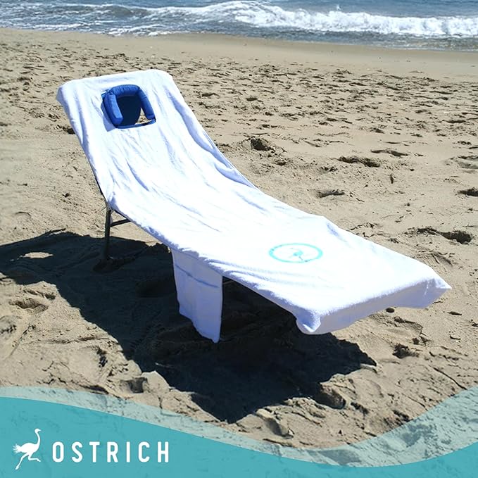 Ostrich Custom Fitted Towel for Chaise Lounge, Outdoor Beach Chair Cover with Storage Pockets, White - Towel Only - Chair Not Included - Image 6