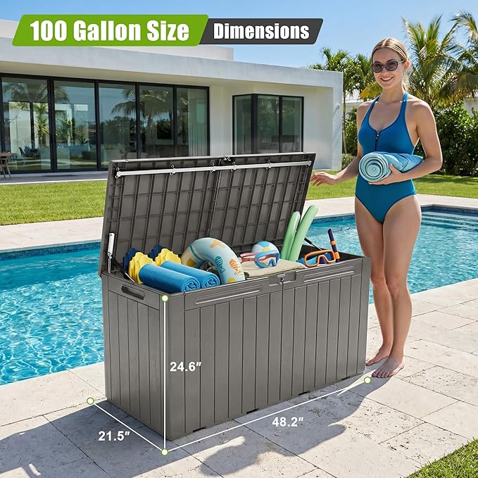 Flamaker Resin Deck Box 100 Gallon Large Lockable Outdoor Storage Box Waterproof for Patio Cushions, Tools, Pool Accessories (Light Brown) - Image 2