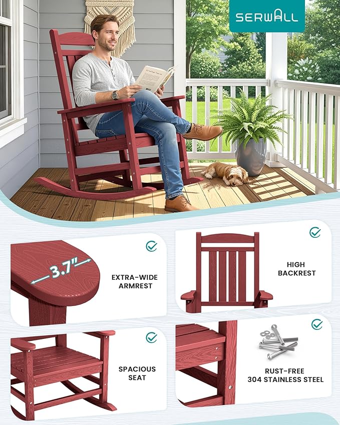 SERWALL Patio Rocking Chairs Set of 2, HDPE Outdoor Rockers for Adults, Oversized All-Weather Porch Rocking Chairs, Red - Image 7