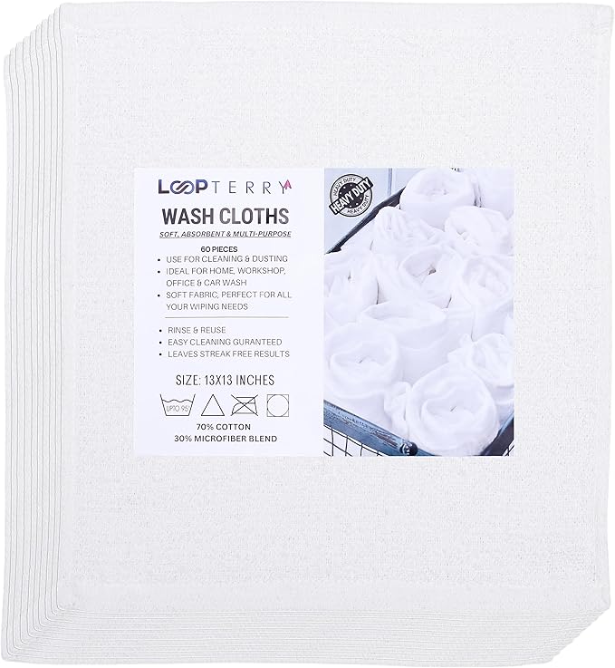 Looperry White Terry Cloth Rags 13"x13" Inches Commercial Grade Dish Cloth - Image 3