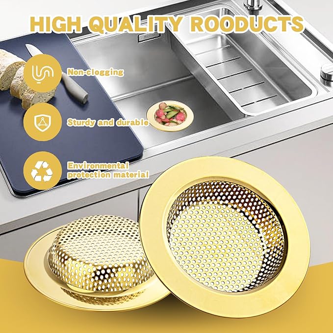 RQYEKDO Kitchen Sink Drain Strainer，2 Pack Stainless Steel and Gold Mesh Sink - Image 6