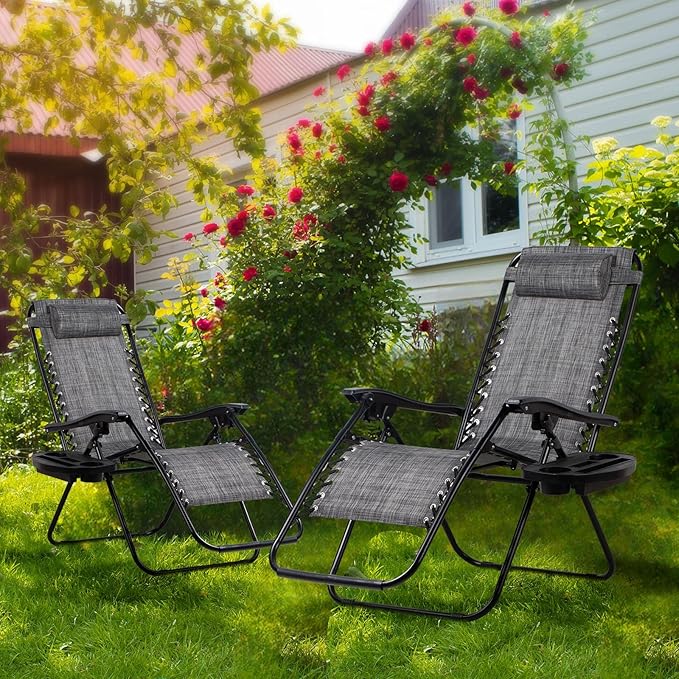 Nazhura Set of 2 Relaxing Recliners Patio Chairs Adjustable Steel Mesh Zero Gravity Lounge Chair Beach Chairs with Pillow and Cup Holder(Grey) - Image 9