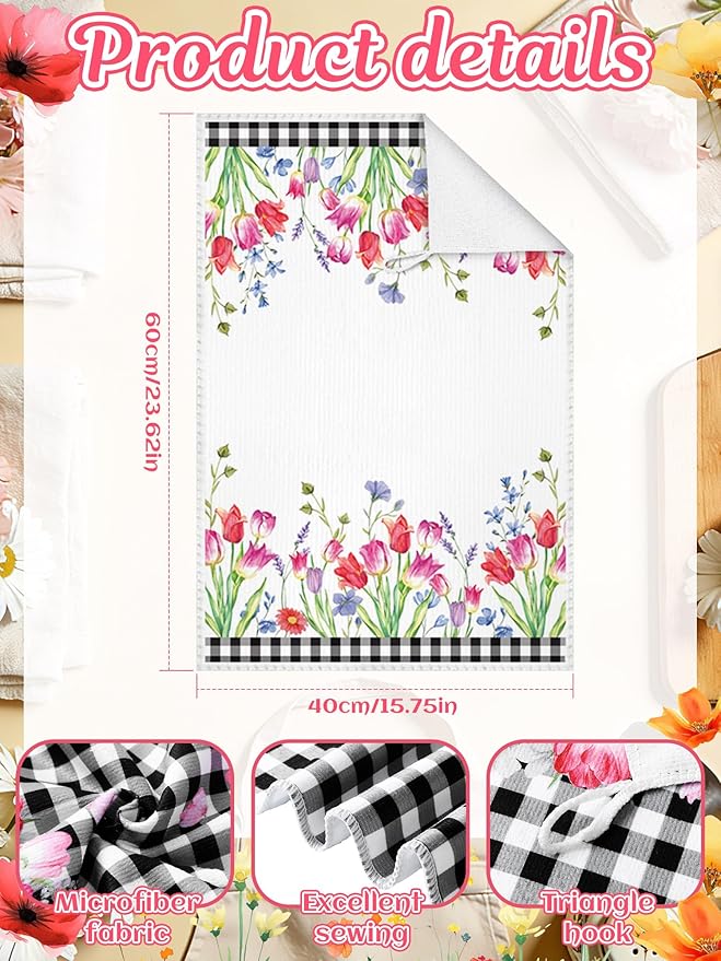 Bencailor 4 Pcs Spring Tulip Kitchen Towels Floral Flower Hand Dish Towels Pink - Image 2