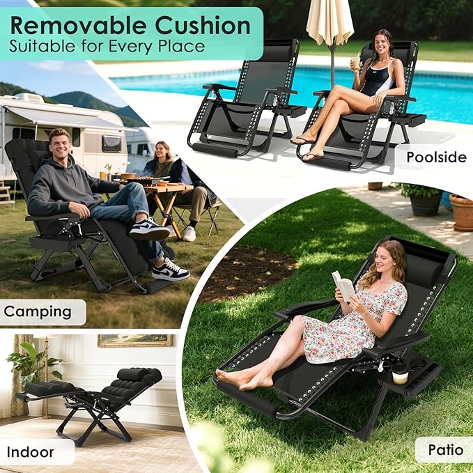 Suteck Oversized Zero Gravity Chair,33In XXL Lounge Chair w/Removable Cushion&Headrest, Reclining Camping Chair w/Upgraded Lock and Footrest, Reclining Patio Chairs Recliner for Indoor Outdoor,500LBS - Image 4