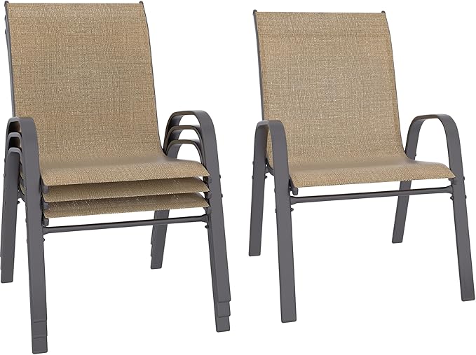 Betterhood Patio Chairs Set of 4, Stackable Outdoor Dining Chairs Set with Breathable Seat Fabric, All-Weather Powder-Coated Metal Frame for Deck, Pool Side and Backyard, 350LBS Capacity (Khaki) by Betterhood