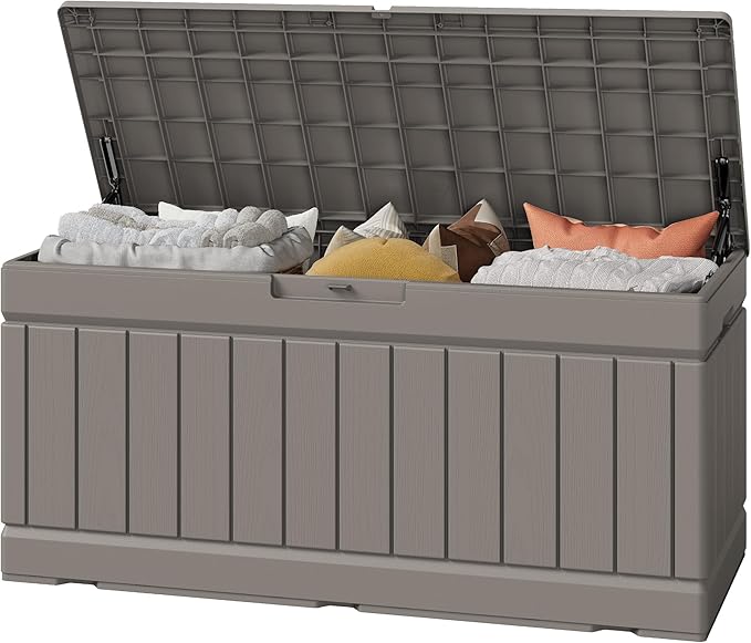 Greesum Outdoor Storage Box 82 Gallon Storage Bin with Lid for Patio Furniture, Garden Tools, Pool Supplies, Waterproof and UV Resistant, Lockable, Coffee by BuynowfromGreesum