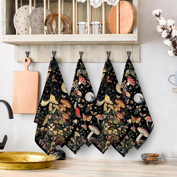 Mushroom Moth Kitchen Towels Decorative Set of 4, Witchy Dish Towels Absorbent - Image 6