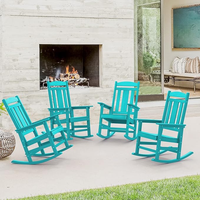 LUE BONA Outdoor Rocking Chairs Set of 4, HDPS Porch Rocker with High Back, Plastic Weather Resistant Rocking Chairs for Outdoor Indoor, Garden, Backyard, 350lb, Aruba Blue by LUEBONA