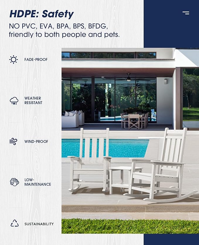 KINGYES Oversized Outdoor Rocking Chair Set of 6, All-Weather Patio Rocking Chairs for Porch, HDPE Outdoor Patio Rockers with High Back & Wide Seat for Garden, Lawn, White - Image 6