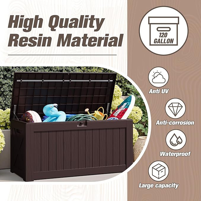JUMMICO 120 Gallon Resin Deck Box, Large Outdoor Storage Box Waterproof & Lockable for Garden, Patio, Pools (Deep Brown) - Image 3