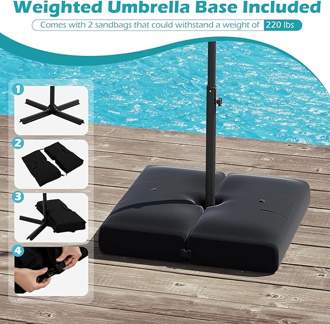 Tangkula 10ft Solar LED Patio Umbrella with Base, Offset Cantilever Outdoor Umbrella with 32 LED Lights, Infinite Tilt, 360 Degree Rotation, Crank Handle for Pool Deck Garden Backyard (Turquoise) - Image 7