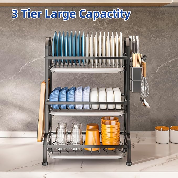 Dish Drying Rack 3 Tier Large Capacity Kitchen Dish Draining Rack Countertop - Image 2