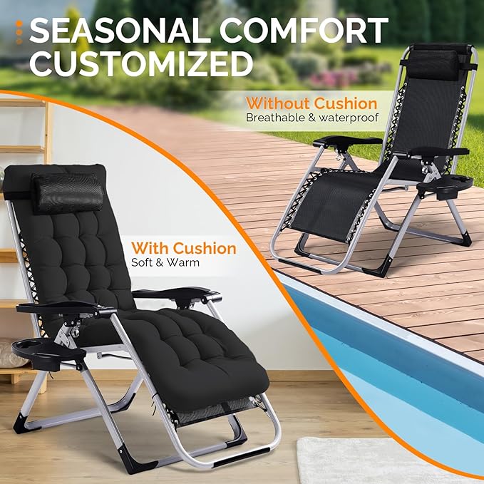 VINGLI Padded Zero Gravity Chair, Lounge Chair with Removable Cushion & Tray， Folding Reclining Patio Chairs， Recliner Chair for Lawn，Indoor Outdoor-Black - Image 6