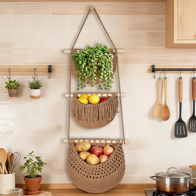 3 Tier Hanging Fruit Baskets for Kitchen, Boho Cotton Rope Handwoven Vegetable - Image 4