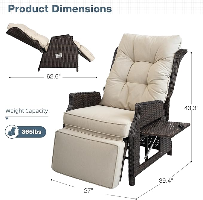 Outdoor Indoor Wicker Recliner with Adjustable Back and Footrest, Patio Reclining Chair with Flip-up Table, Outdoor Rattan Lounge Chair, Upgrade Beige - Image 2