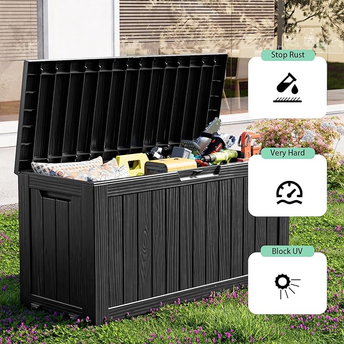 ROJIK Outdoor Storage Housing Deck Box - Waterproof Patio Furniture, Garden Tools, Cushions, Pool Accessories Storage Bench with Lockable Lid and Side Handles (Black 88 Gal) - Image 6