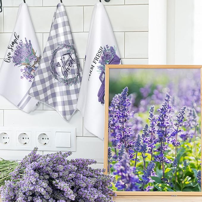 Set of 6 Lavender Kitchen Towels Purple Floral Dishtowels Rustic Absorbent - Image 2