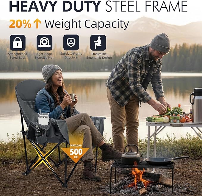 Oversized Camping Chair for Adults - Heavy Duty Outdoor Padded Large Lawn Camp Chair with Cup Holder Cooler Pockets for Sports Beach Fishing Garden Portable Supports 500lbs, Grey 2 Pack - Image 5