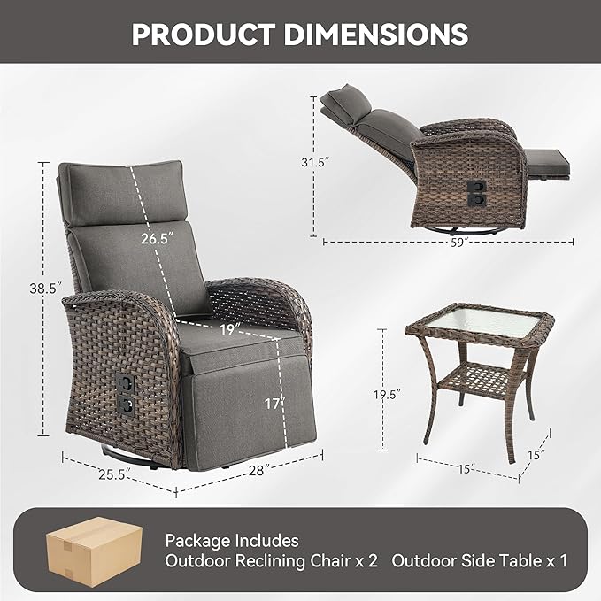 3 Pieces Zero Gravity Patio Swivel Rocking Recliner Chairs Set of 2 - Wicker Outdoor Lounge Chair with Side Table, Adjustable Backrest & Footrest, High Back Outdoor Recliner Chair for Pool Deck Gray - Image 2