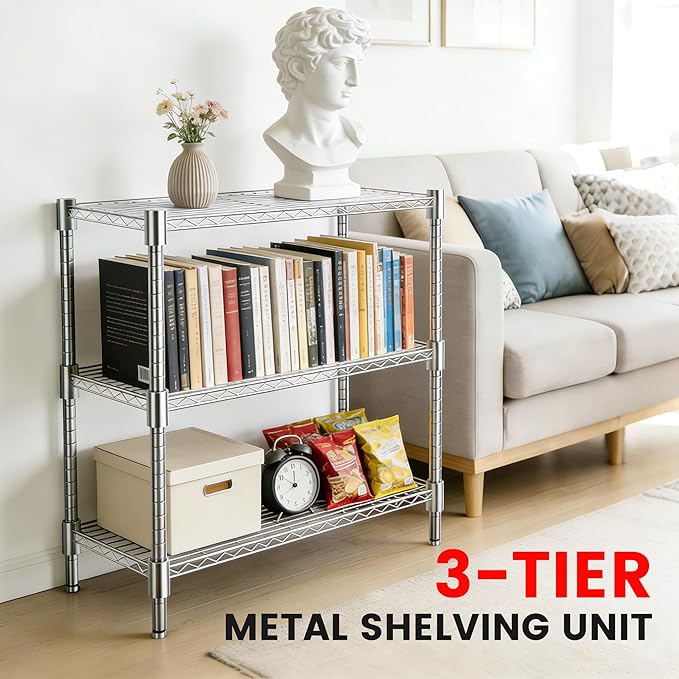 Xcity Storage Shelves, 3 Tier Heavy Duty Metal Shelving Unit, 1200 LBS Capacity Adjustable Steel Wire Shelf Organizer for Pantry, Kitchen, Garage, 14" D x 36" W x 36" H, Chrome - Image 3